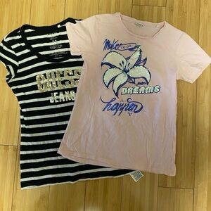 Guess Pink Graphic Tee and Black Striped Tee Set Sz 16 girls